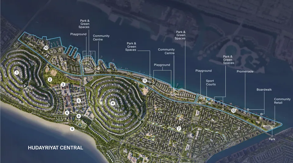 Modon's masterplan drawing of Bashayer with its precincts numbered (legend in text below)