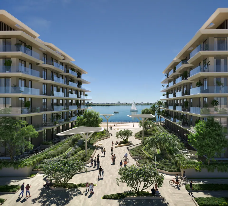 Bashayer Residences: landscaped plaza between two apartment buildings, developer render