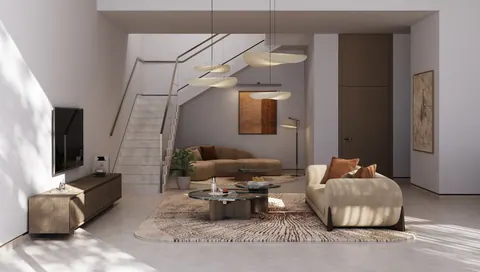 Bashayer Residences: townhome living room with a staircase, developer render