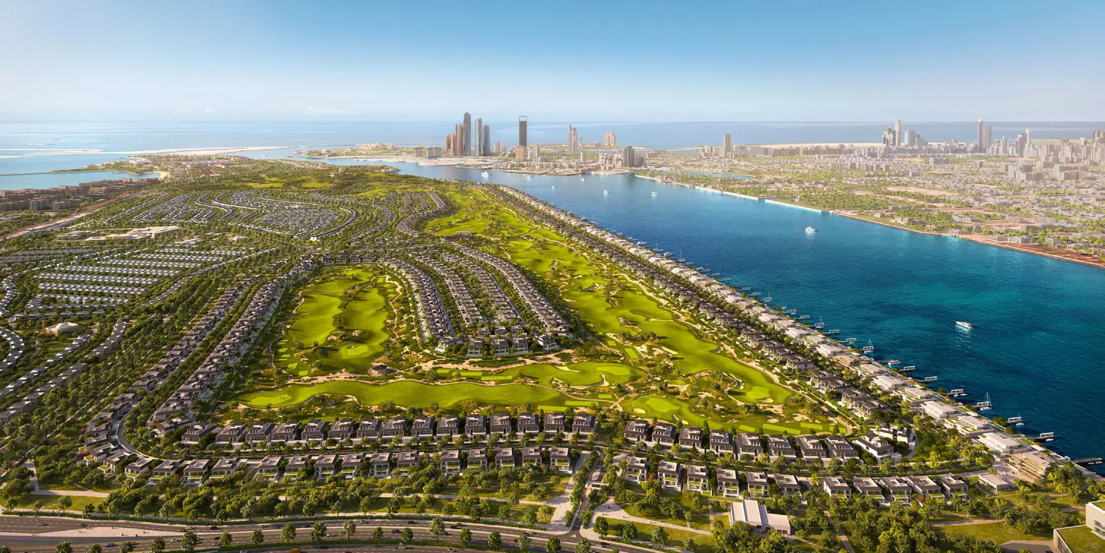 Hudayriyat Golf Estates: aerial view of villa rows around the golf course with the Abu Dhabi skyline, Modon image from the Hudayriyat Golf Estates factsheet