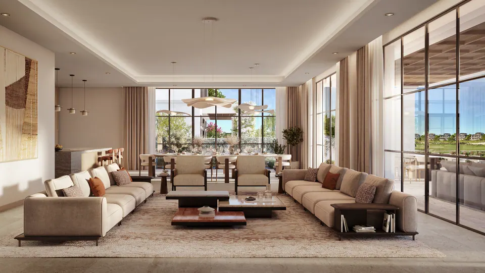 Hudayriyat Golf Estates: living and dining room with a view of the course, Modon image from the Golf Mansions brochure