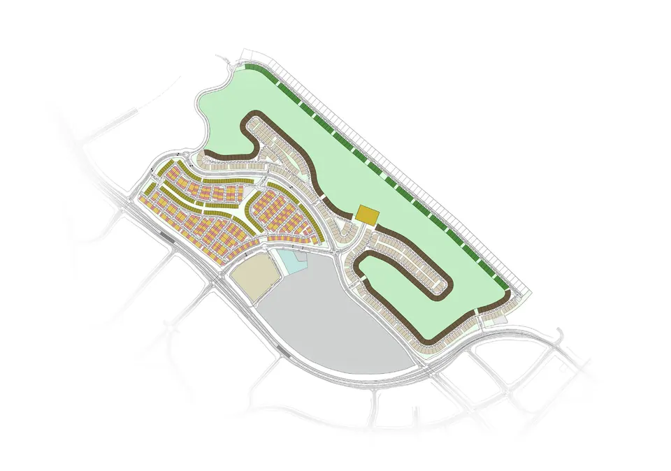 Modon's precinct plan of Hudayriyat Golf Estates with plots coloured by typology (legend in text below)