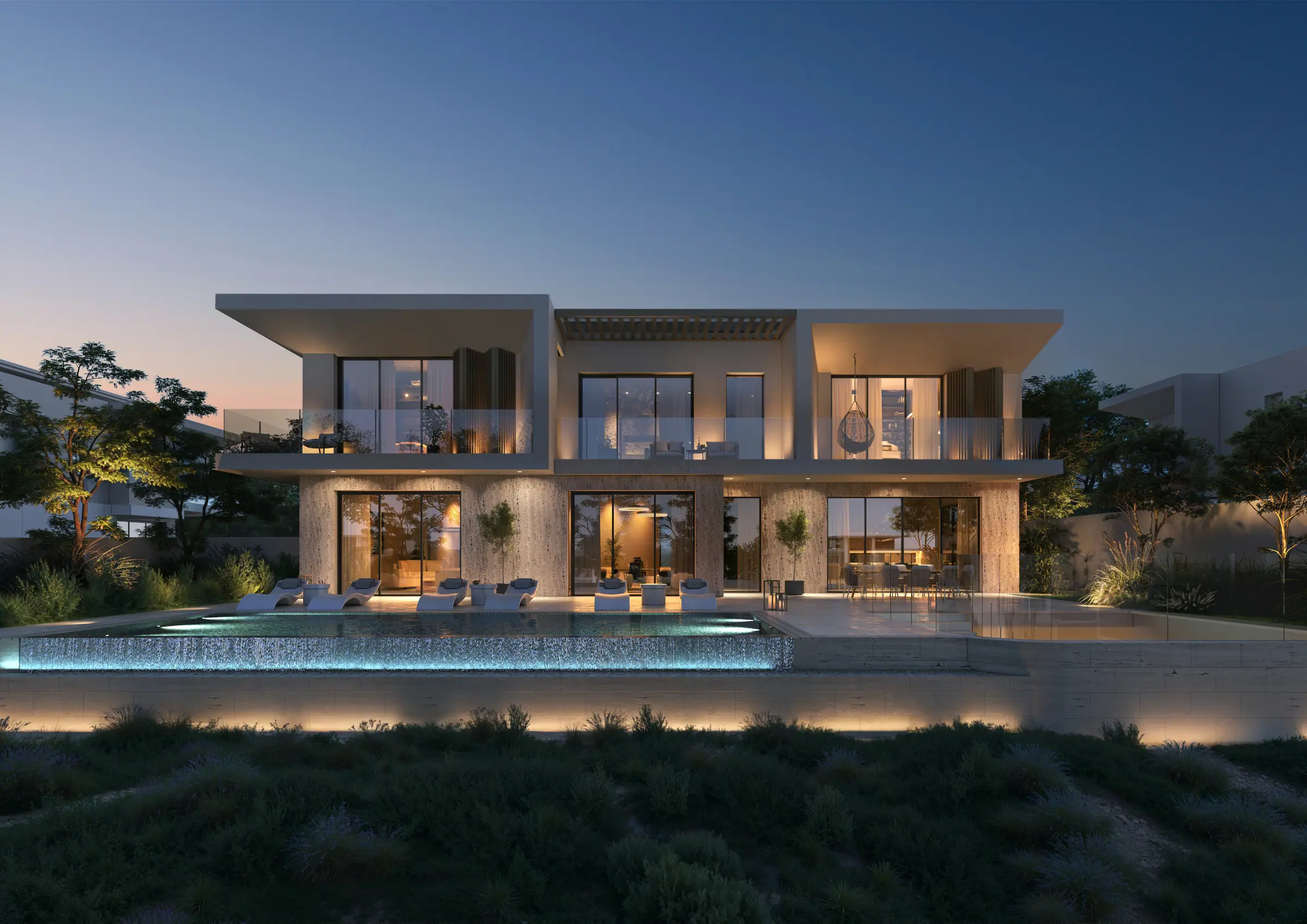 Nawayef Heights: rear of a Heights 6 villa with its pool lit at dusk, developer render
