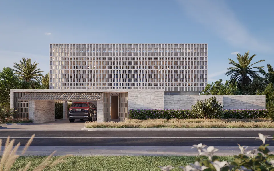 Nawayef Homes: villa with a screened upper floor behind a landscaped street edge, developer render