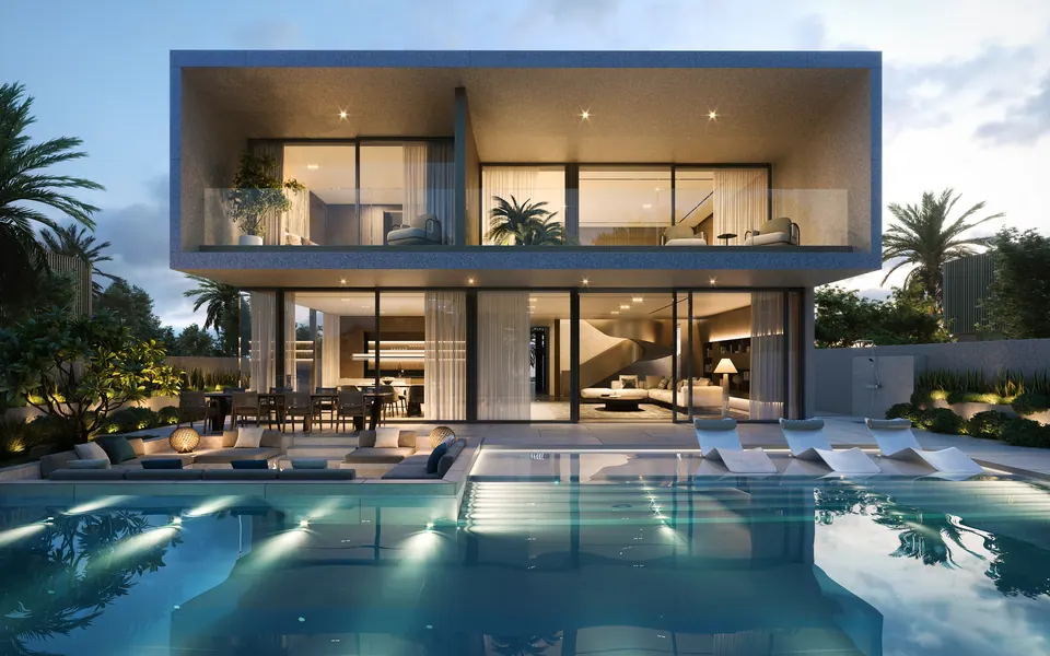 Nawayef Homes: villa rear with a lit pool at dusk, developer render