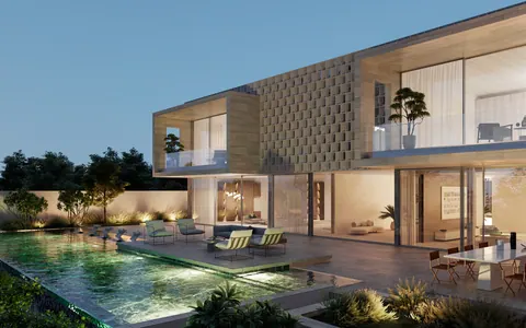 Nawayef Mansions: rear of a Mansion T3 with its pool, G+1 form, developer render