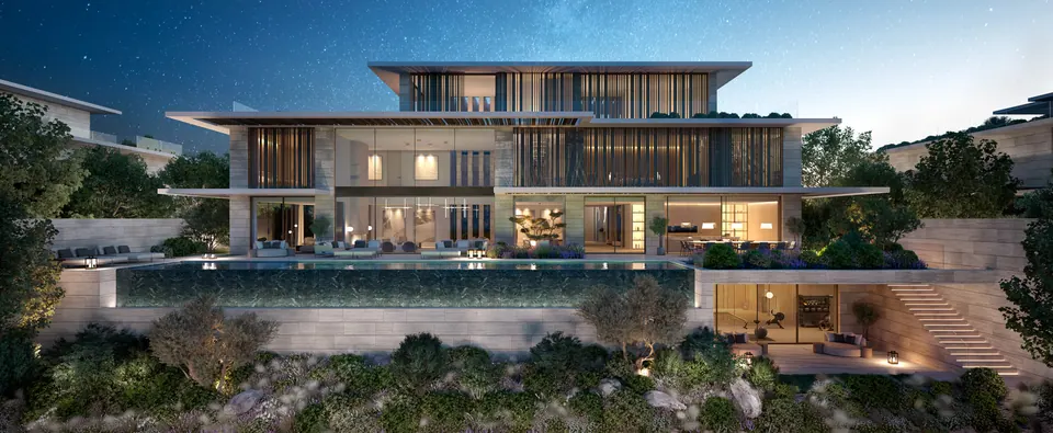 Nawayef Mansions: mansion and infinity pool lit at night, developer render