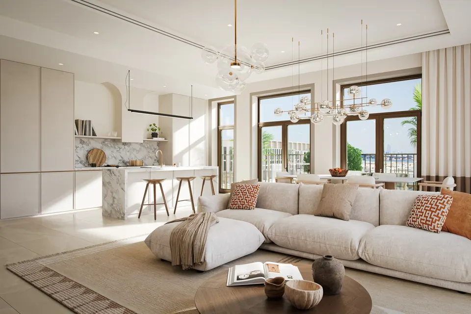 Nawayef Park Views: apartment kitchen and living area in daylight, developer render