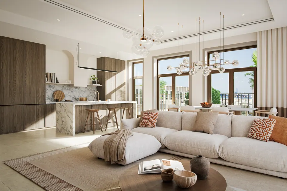 Nawayef Park Views: the same apartment kitchen in the evening, developer render