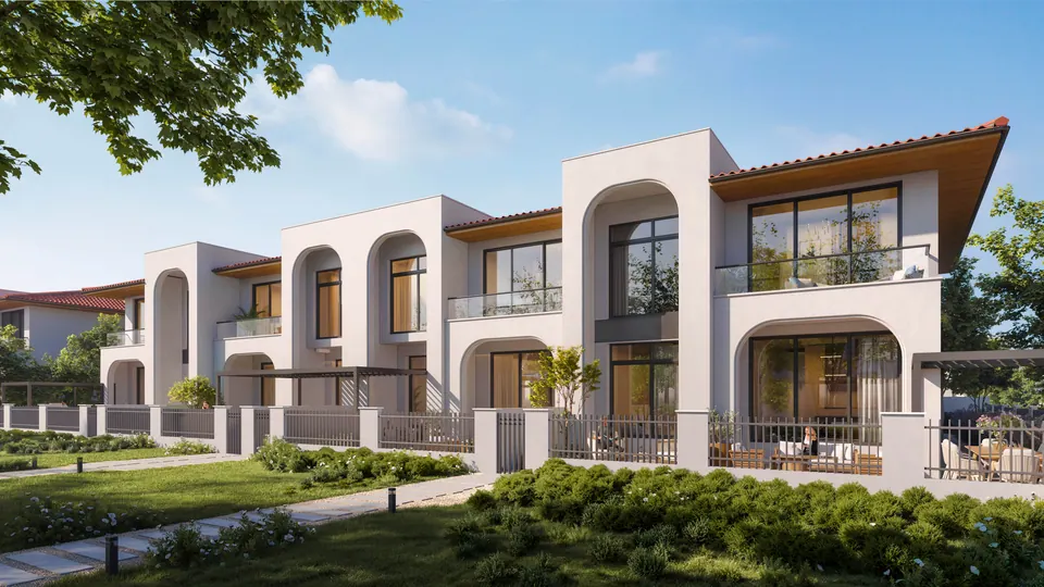 Nawayef Village: corner townhouse with arched windows and a tiled roof, developer render