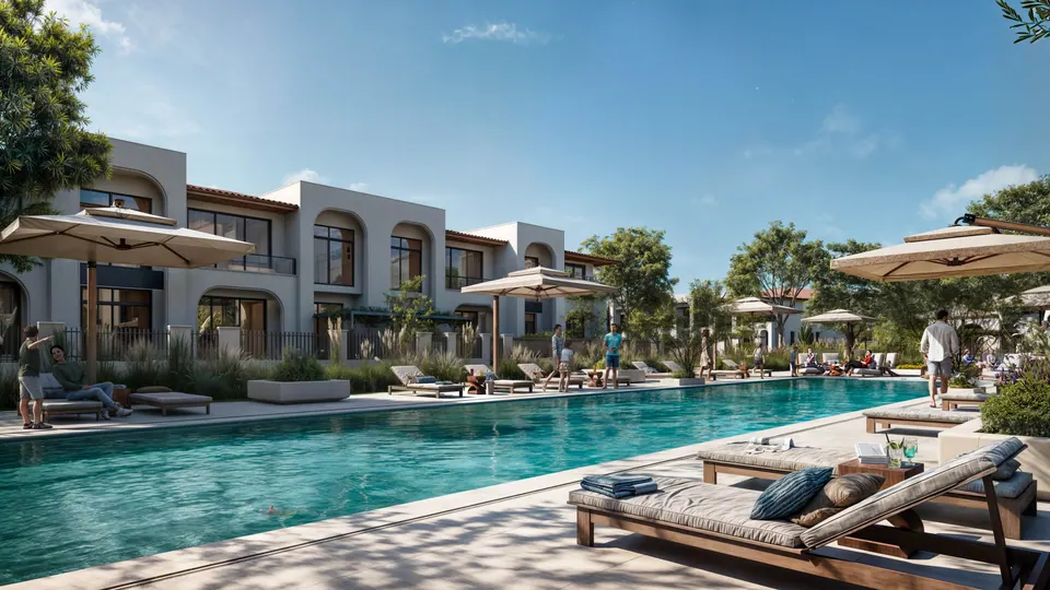 Nawayef Village: community pool with loungers and parasols, developer render