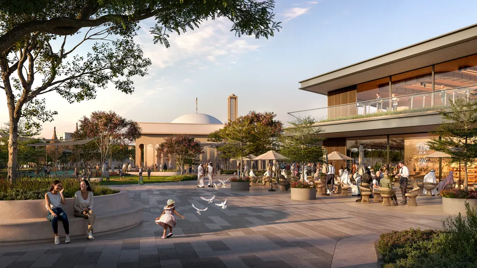 Wadeem: community centre plaza with cafe seating, developer render