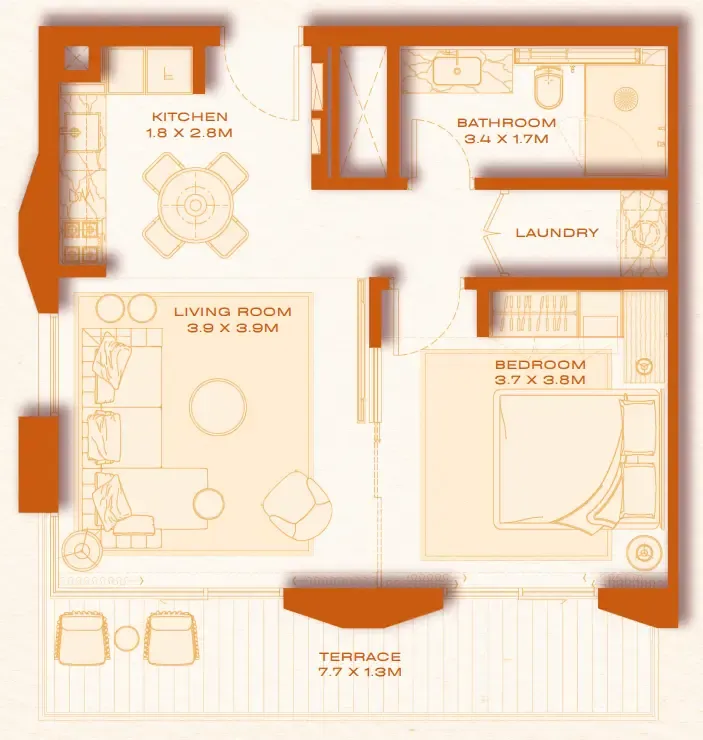 Avenew 888 - Loom 1 bed floor plan, 708 sqft