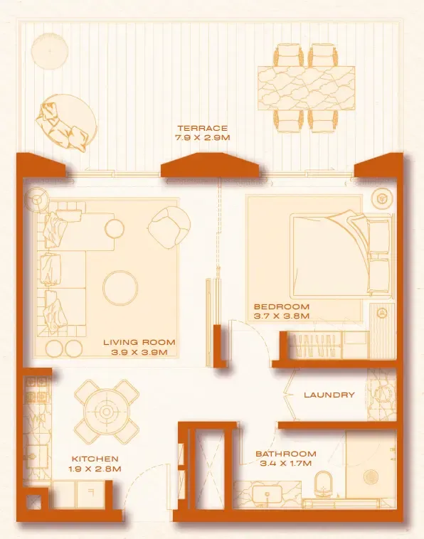 Avenew 888 - Loom 1 bed floor plan, 843 sqft