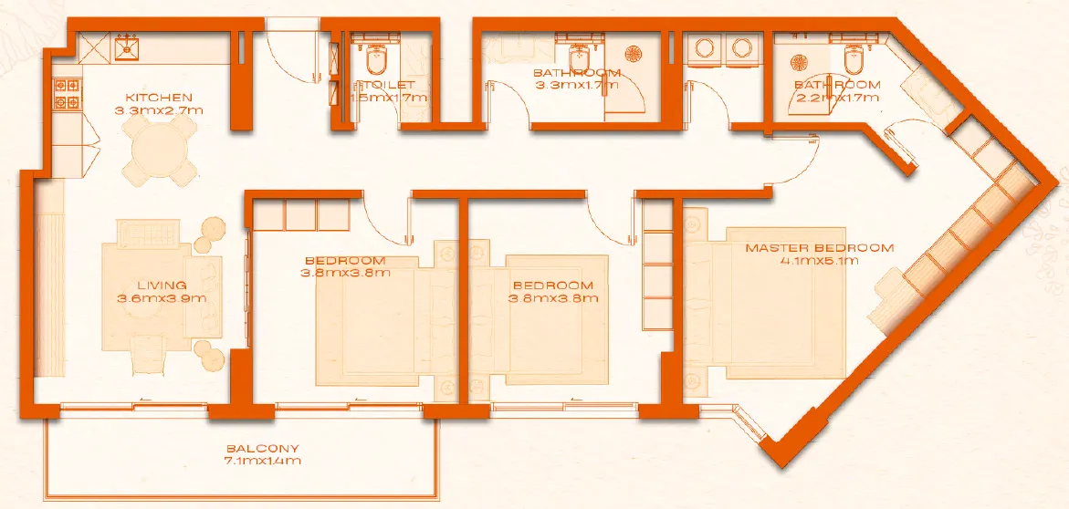 Avenew 888 - Modo 3 bed floor plan, 1,385 sqft