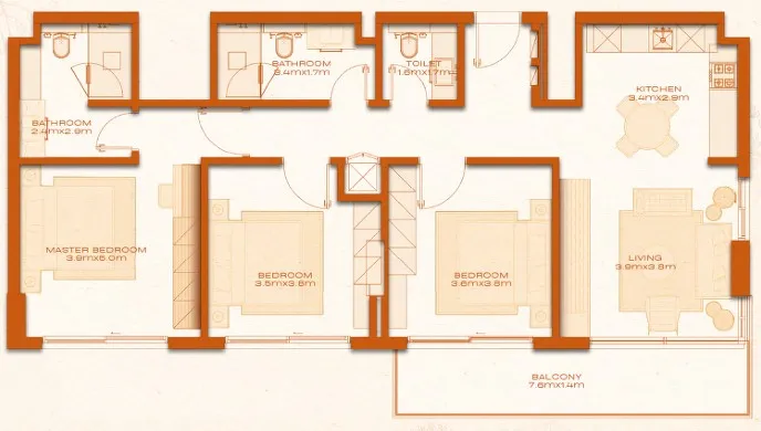 Avenew 888 - Modo 3 bed floor plan, 1,261 sqft