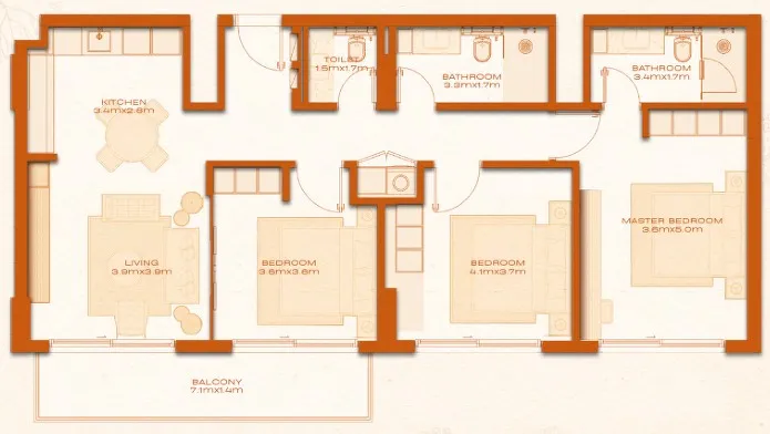 Avenew 888 - Modo 3 bed floor plan, 1,283 sqft
