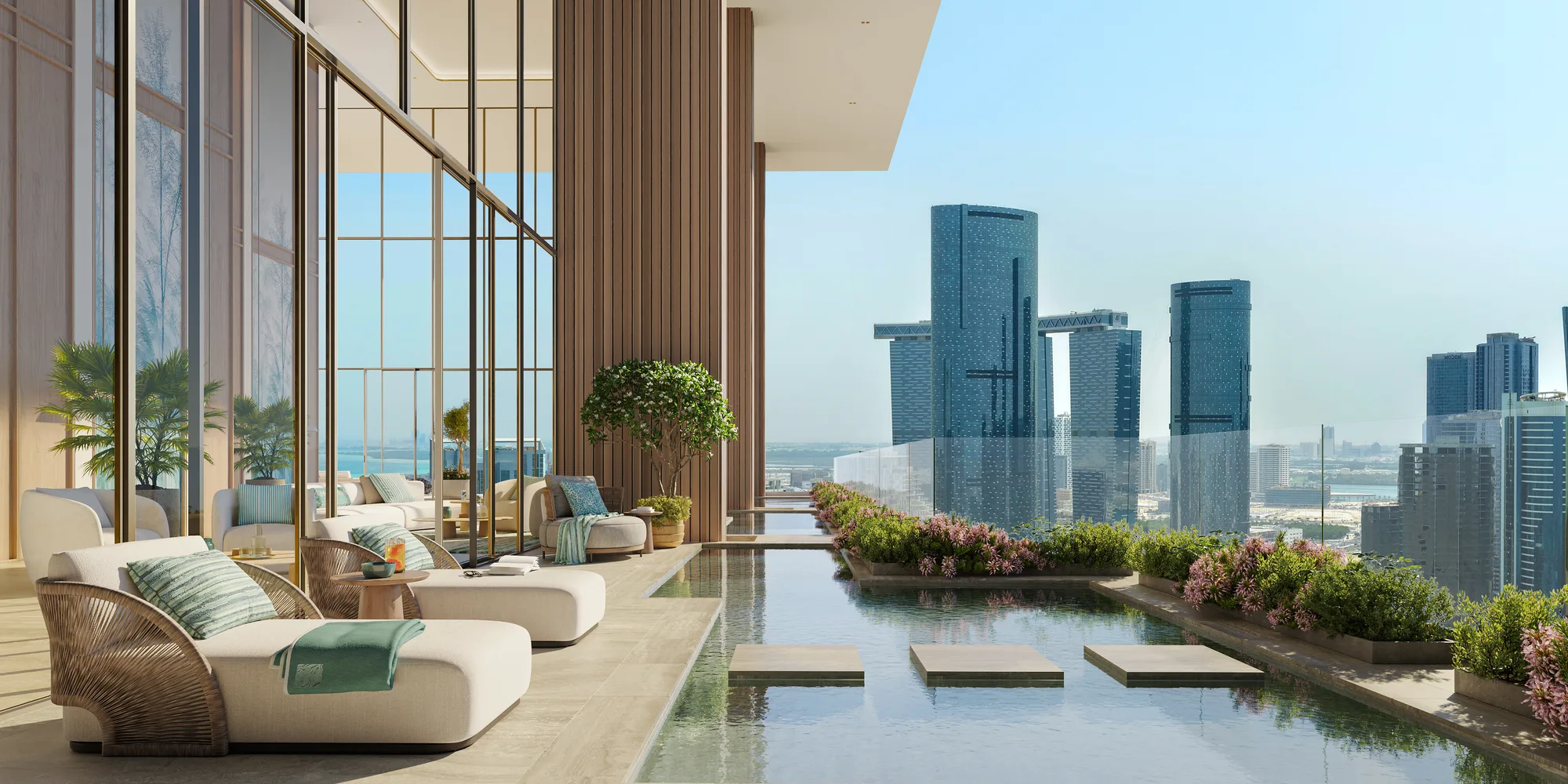 The reflective sky water lounge: stepping stones across a shallow water feature, lounge seating and Al Reem Island's towers beyond