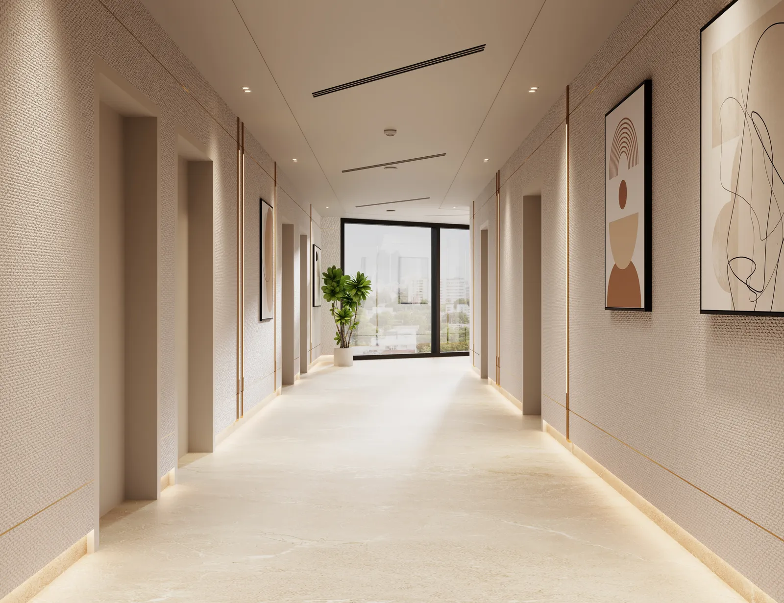 A residential corridor: textured walls with brass trims, framed abstract prints, a marble floor and a window with a plant at the end