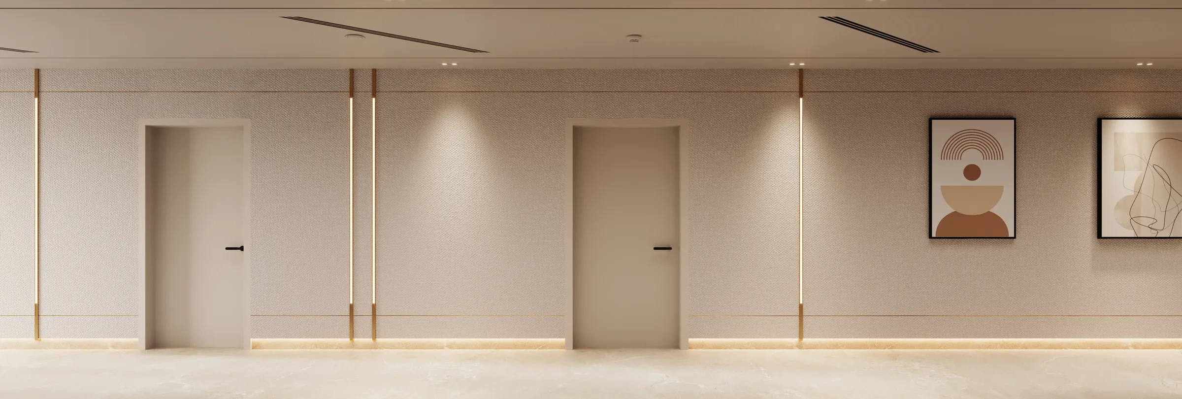 Two apartment entrance doors on a textured corridor wall with brass strips and two framed prints
