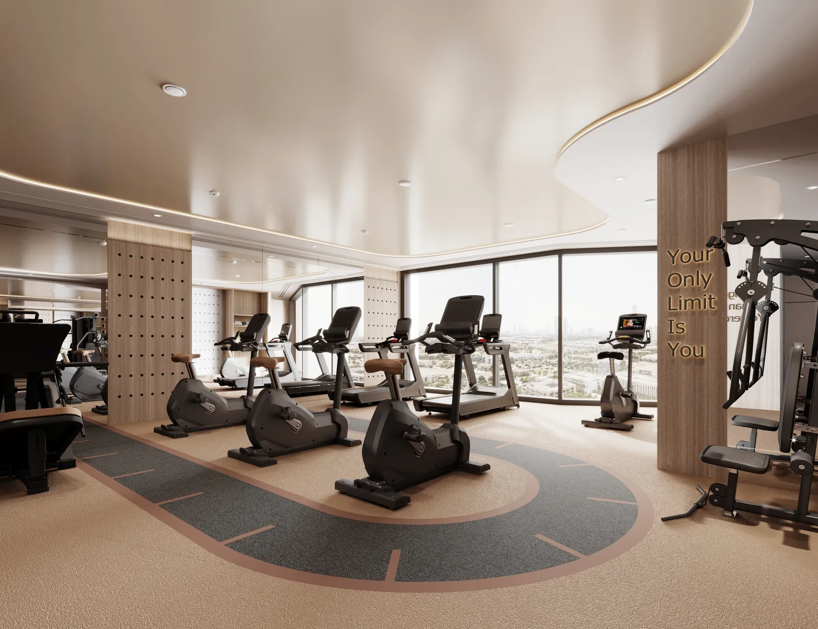 The 24th-floor gym: exercise bikes and treadmills on a running-track floor, floor-to-ceiling windows over the city, and "Your Only Limit Is You" lettering on a timber column