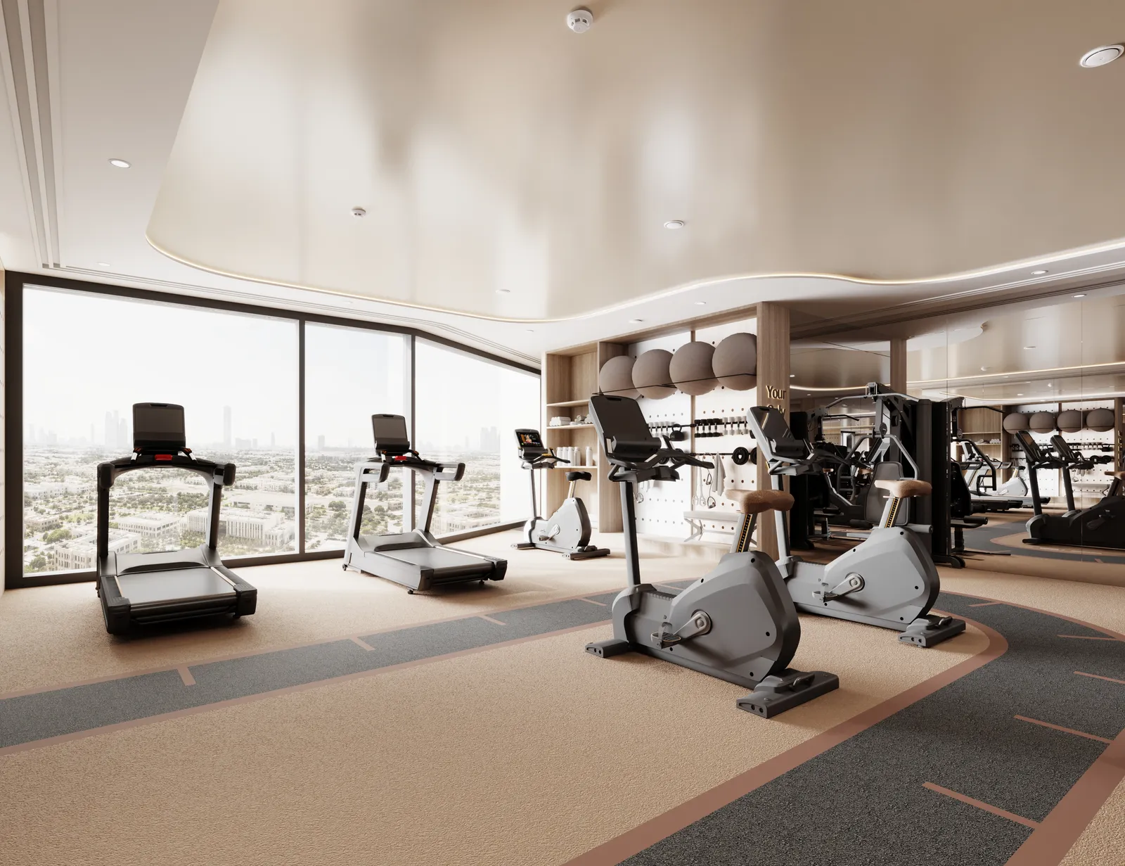 The 24th-floor gym: treadmills along the window wall, exercise bikes, and shelves of exercise balls and free weights by the mirrors