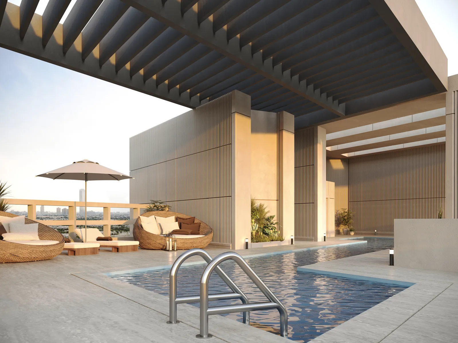 The pool under a dark slatted pergola, with rattan daybeds, a parasol and the skyline in the distance