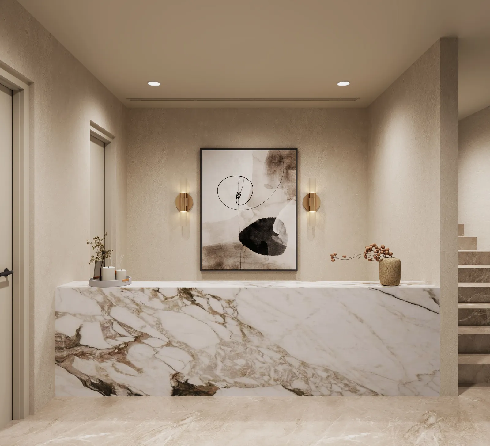 The wellness reception: a veined marble counter with a framed artwork and two brass wall lights, stairs to the right