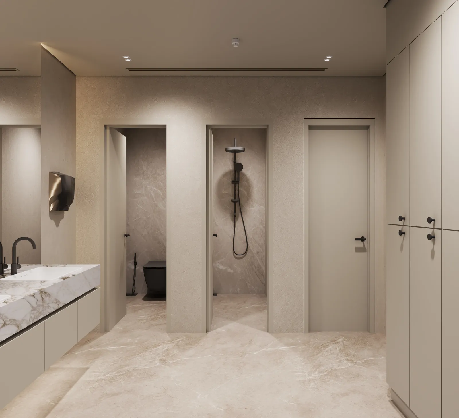 The changing room: a shower cubicle and a WC cubicle beside the marble vanity, with lockers to the right