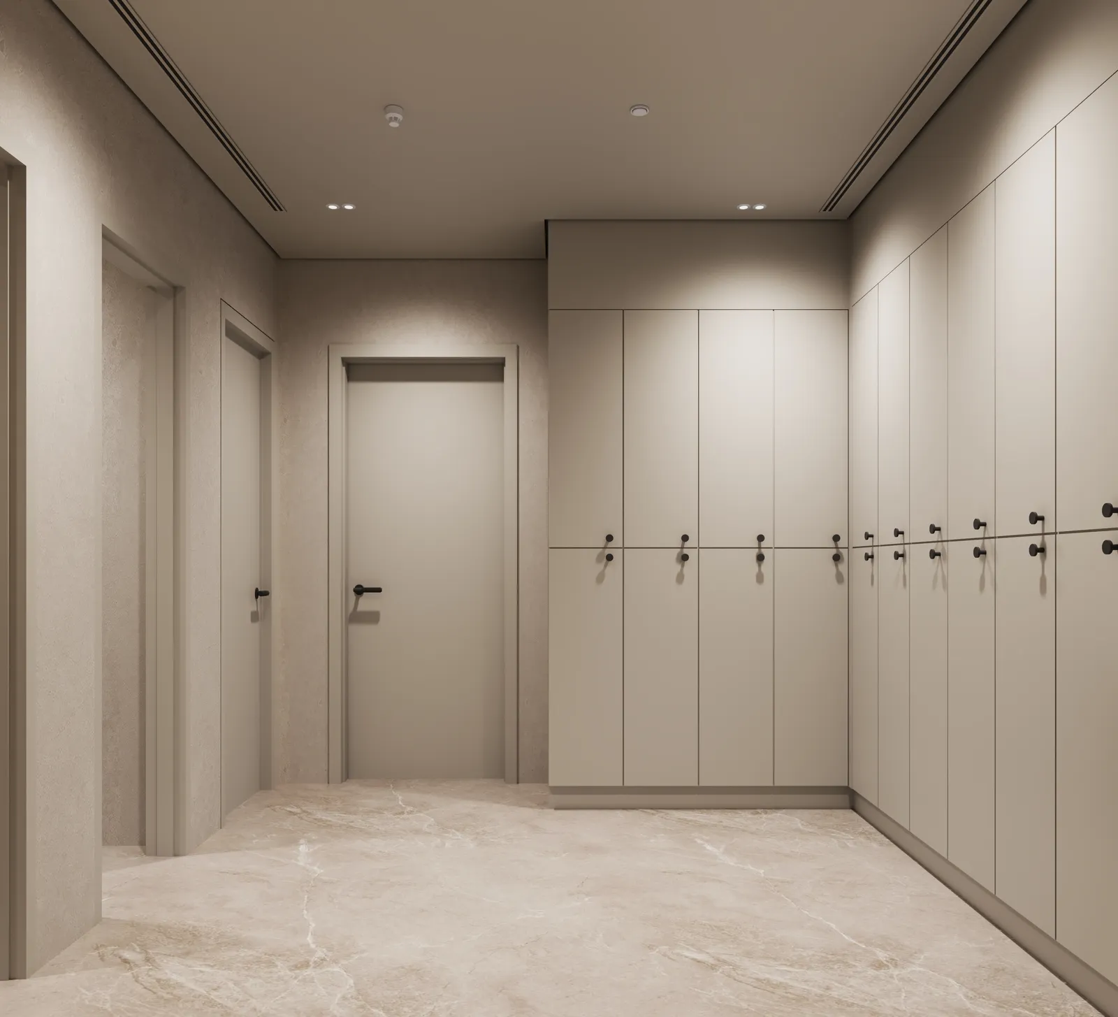 The changing room corridor: doors and a bank of lockers on a marble floor