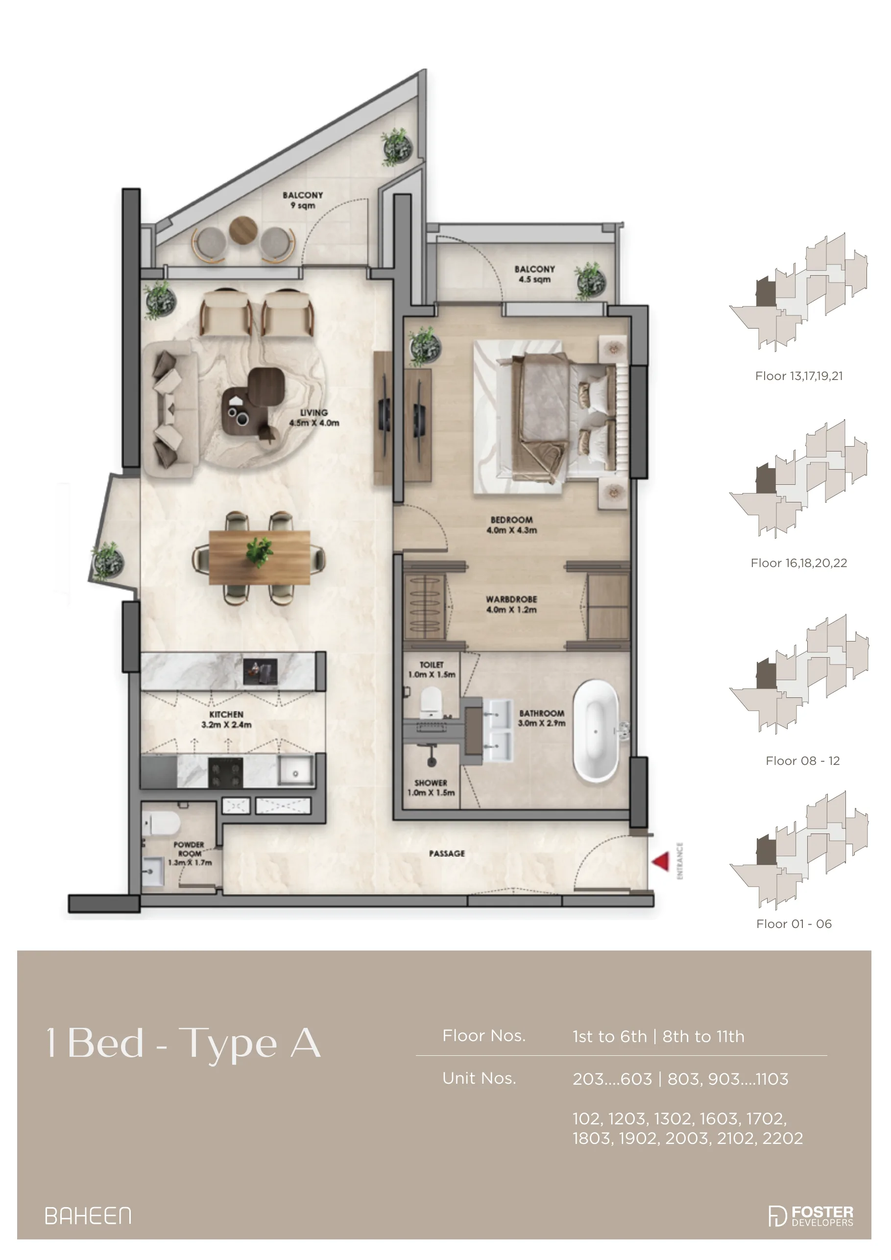 Baheen Tower 1 bed floor plan — Type A, 1,188 – 1,189 sqft
