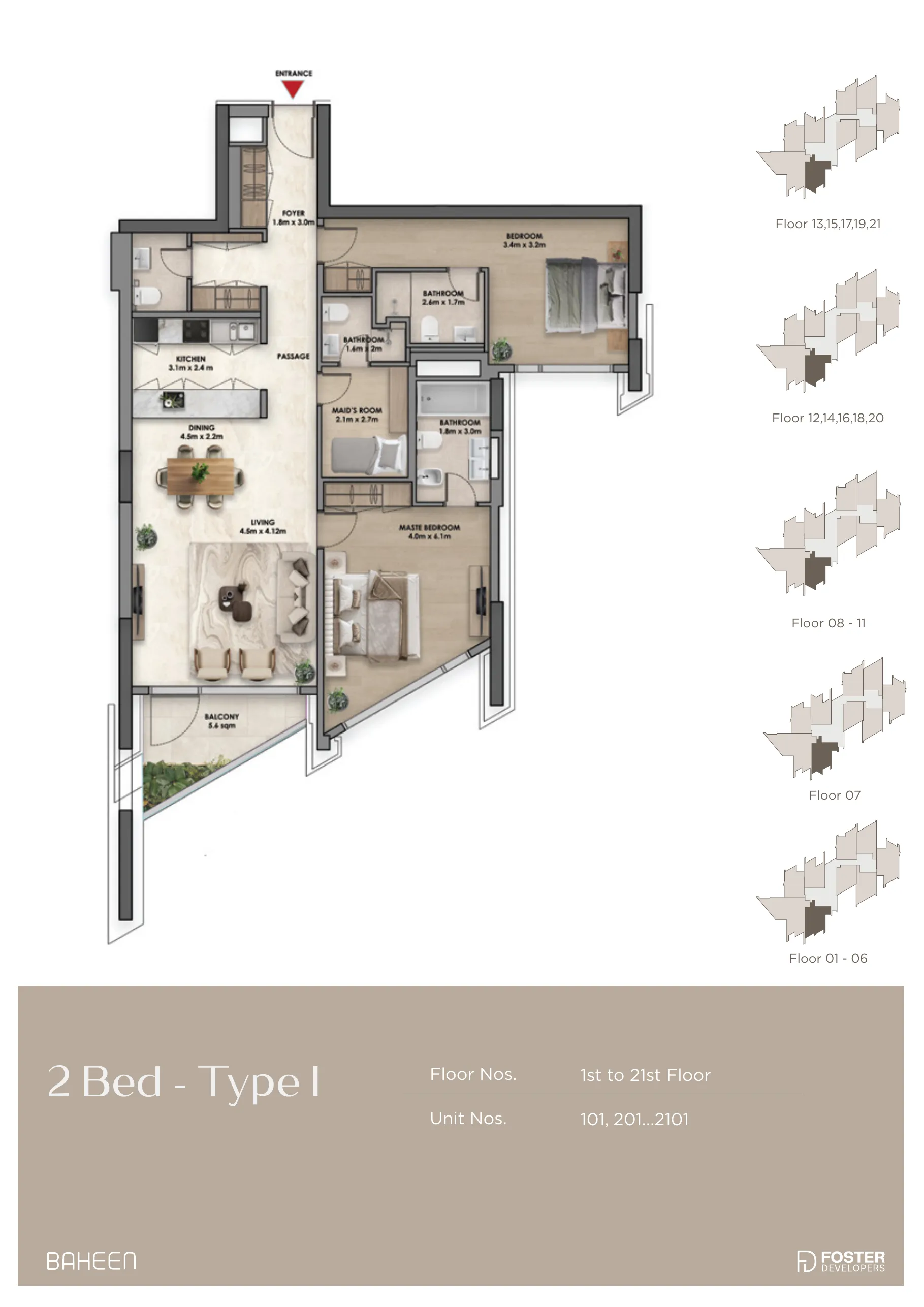 Baheen Tower 2 bed floor plan — Type I · maid’s room, 1,284 – 1,320 sqft