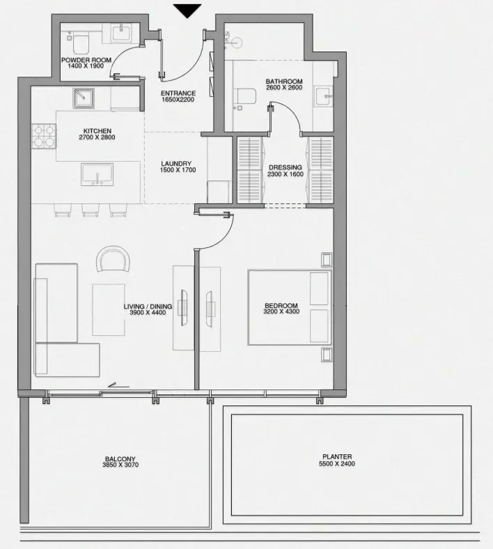 Cheval Residences 1 bed floor plan, 845 sqft