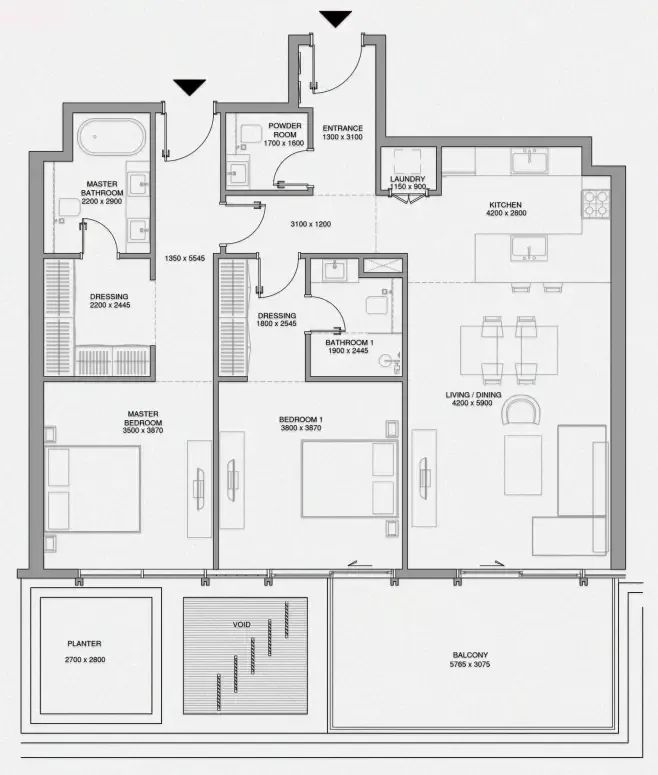 Cheval Residences 2 bed floor plan, 1,419 sqft