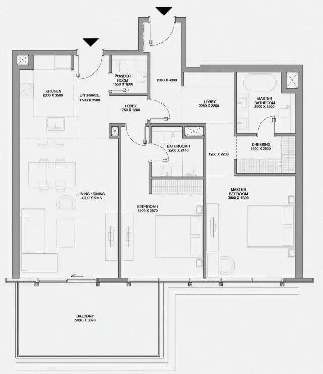 Cheval Residences 2 bed floor plan, 1,423 sqft