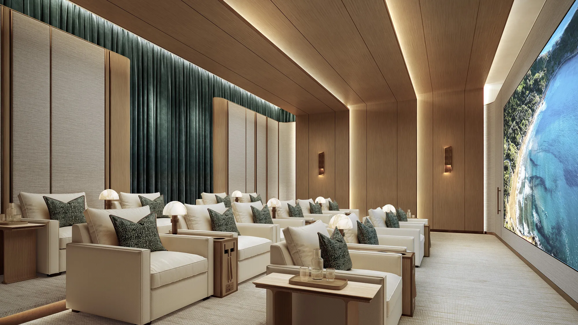 The residents’ cinema: rows of cream sofas facing the screen