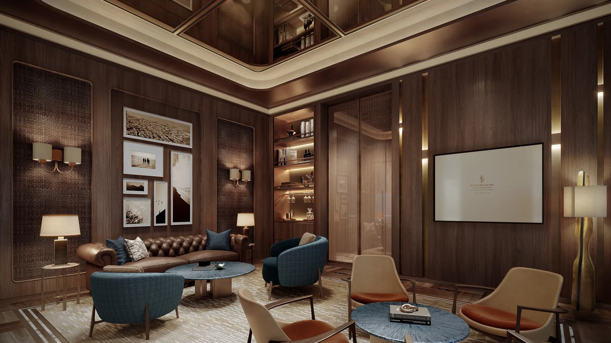 The cigar lounge: dark timber panelling, leather sofas and a screen
