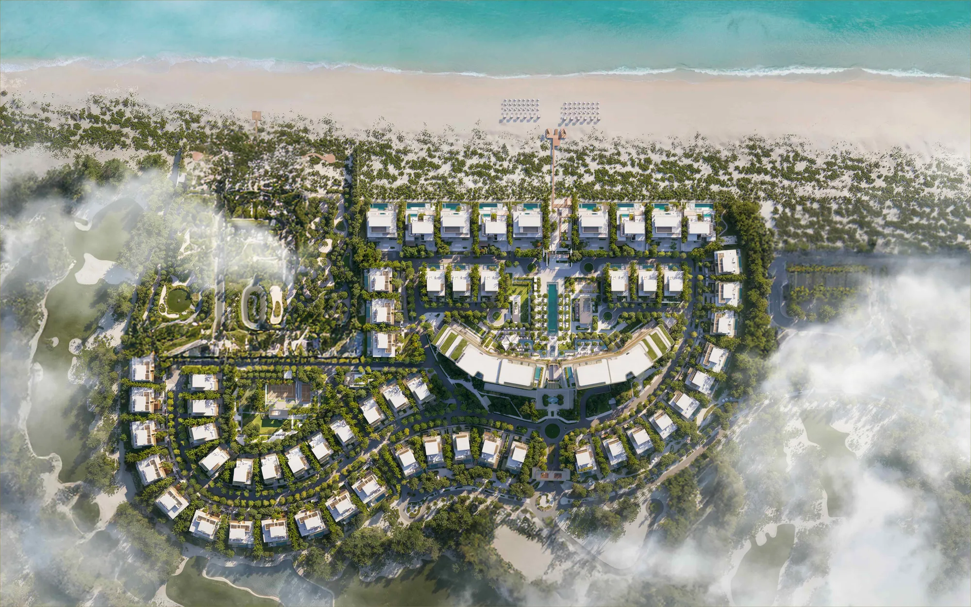 The estate from directly above, the beach along one edge