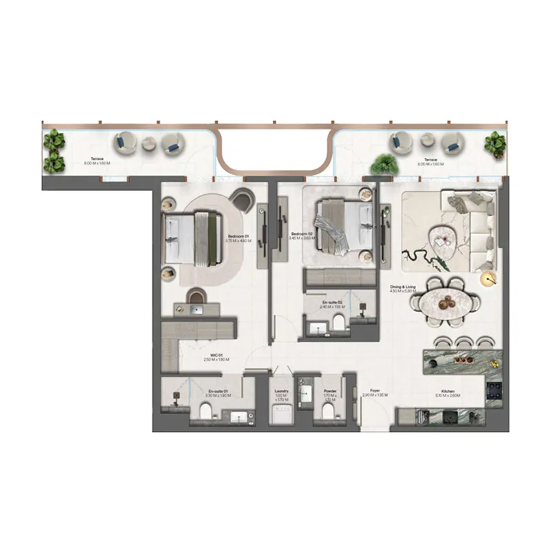 Hado by Beyond 2 bed floor plan, 1,307 sqft