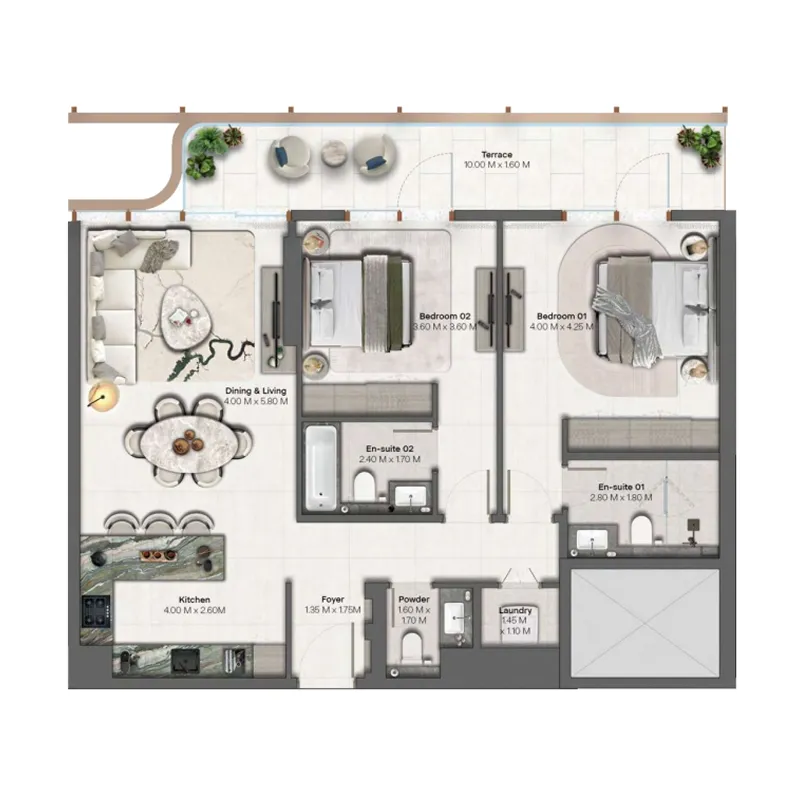 Hado by Beyond 2 bed floor plan, 1,203 sqft