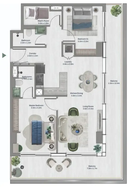 Oceara Park View Residences Phase 1 2 bed floor plan, 1,228 sqft