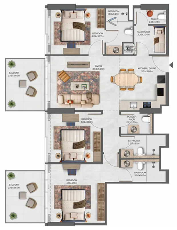 Raw District Phase 2 3 bed floor plan, 1,400 sqft
