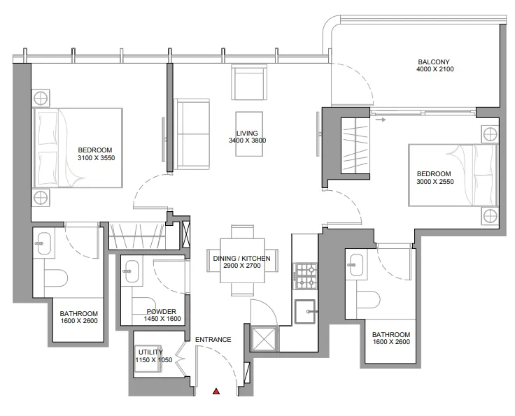 Sobha Aquamont 2 bed floor plan, 785 sqft