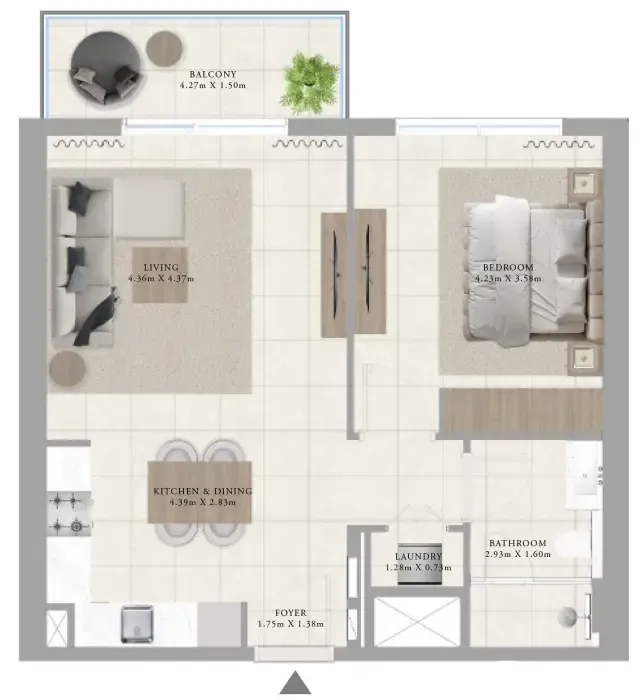 Greenside Residence 1 bed floor plan, 748 sqft