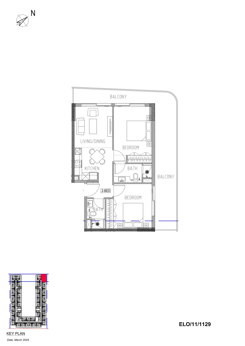 Elo Damac 2 bed floor plan, 986 sqft