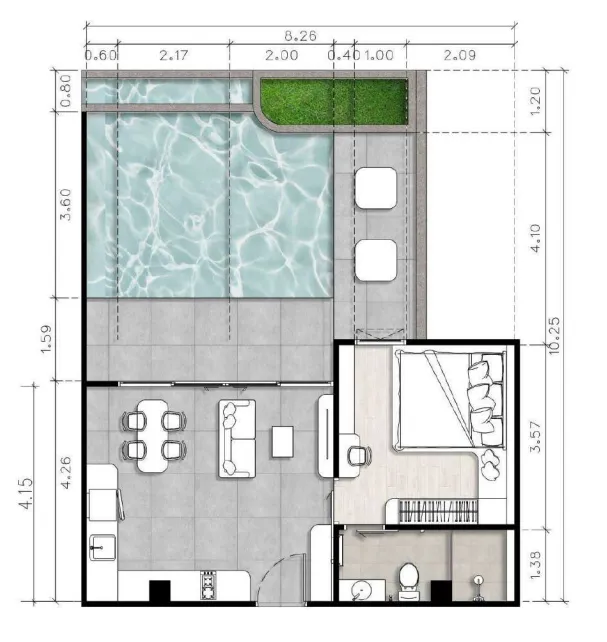 The Element 1 bed floor plan, 539 – 798 sqft