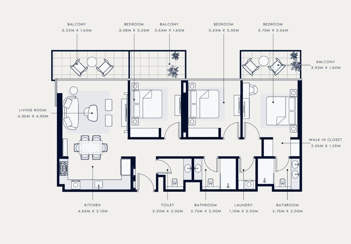 Azizi Venice 3 bed floor plan, 1,438 sqft