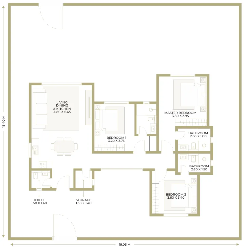 Jebel Sifah - Olive Farms 3 bed floor plan, 1,291 – 1,292 sqft