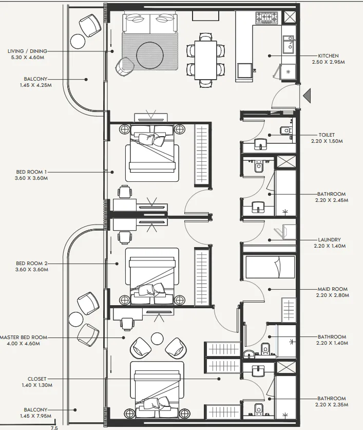Azizi Amir 3 bed floor plan, 1,656 sqft