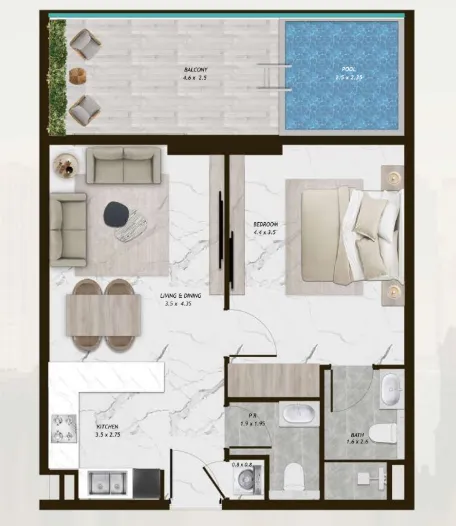 Samana Parkville 1 bed floor plan, 764 sqft